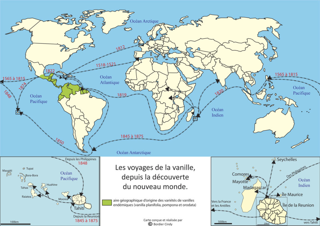 Carte des voyages de la vanille dans le monde